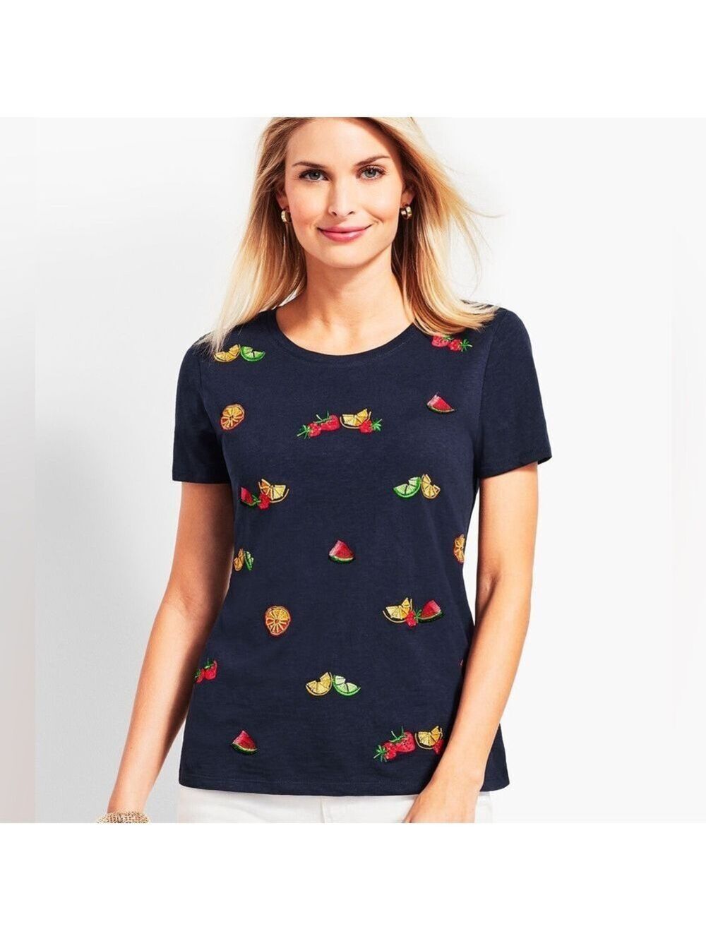 Talbots Tutti Frutti Beaded Embroidered Navy Fruit Crewneck Tee, size L